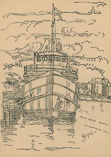 Pejzaż portowy z zacumowanym statkiem wycieczkowym, 1967, papier, ołówek