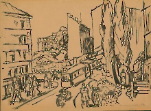 Pejzaż uliczny – Niebuszewo (dawniej Zabelsdorf), 1953, ołówek, pióro, tusz, papier