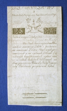 Polska, Insurekcja Kościuszkowska, bilet skarbowy wartości 25 zł, 1794, papier, 185 mm x 95 mm, fot. M. Pawłowski