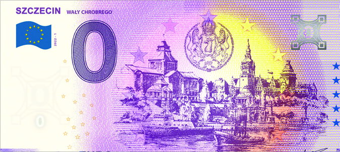 Banknot pamiątkowy 0 Euro z wizerunkiem Muzeum Narodowego w Szczecinie przy Wałach Chrobrego